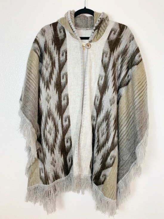 Other - Alpaca Wool Blend Poncho with Hood Brown Gray Cream One Size Western Boho Unisex